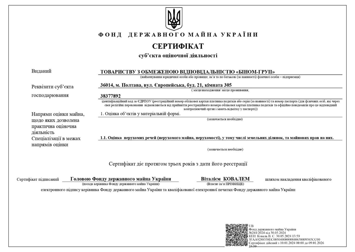 Сертифікат суб'єкта оціночної діяльності ФДМУ